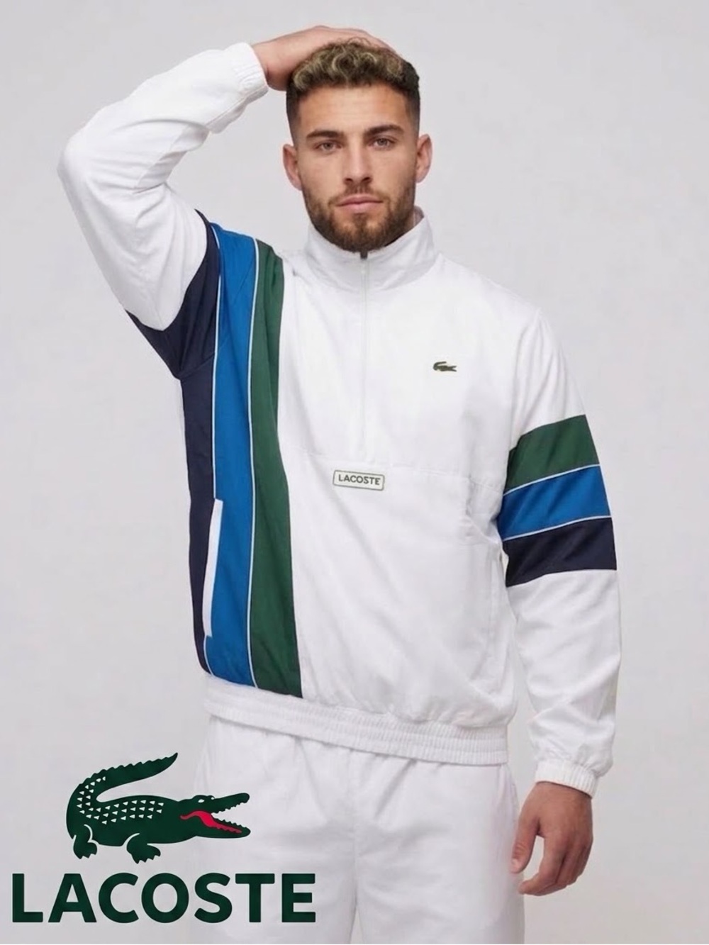 Vintage Lacoste White Pullover Windbreaker with Green and Blue Colorblock Panels